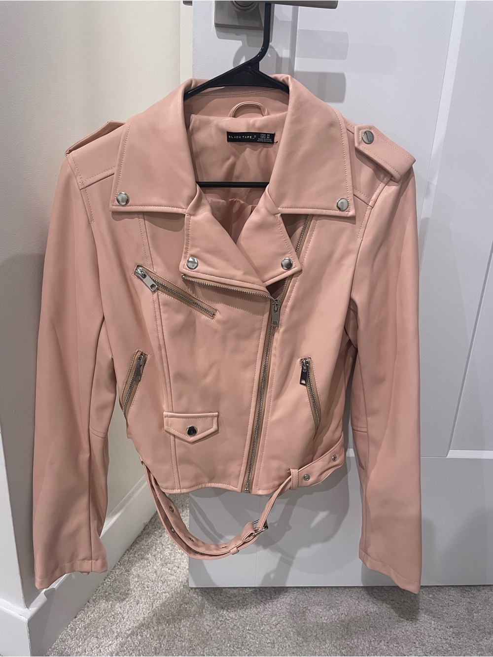 Black Tape_ Blush Pink Faux Leather Moto Jacket